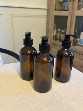 Set of 3 Amber Glass Pump Bottles - Refillable Soap/Lotion Dispensers